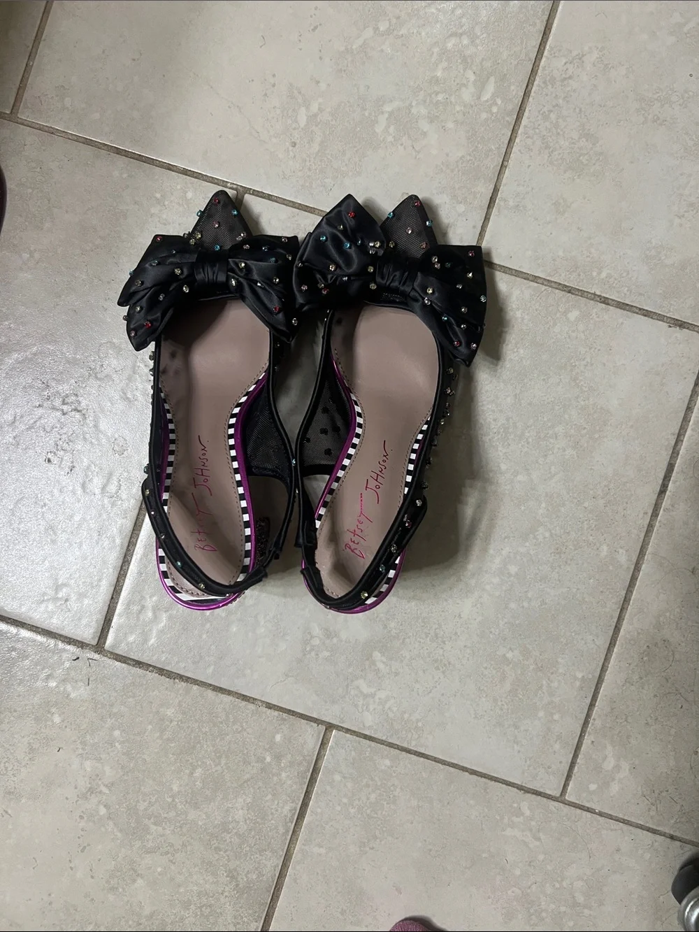Betsey Johnson colorful embellished mesh bows with leopard block heels.